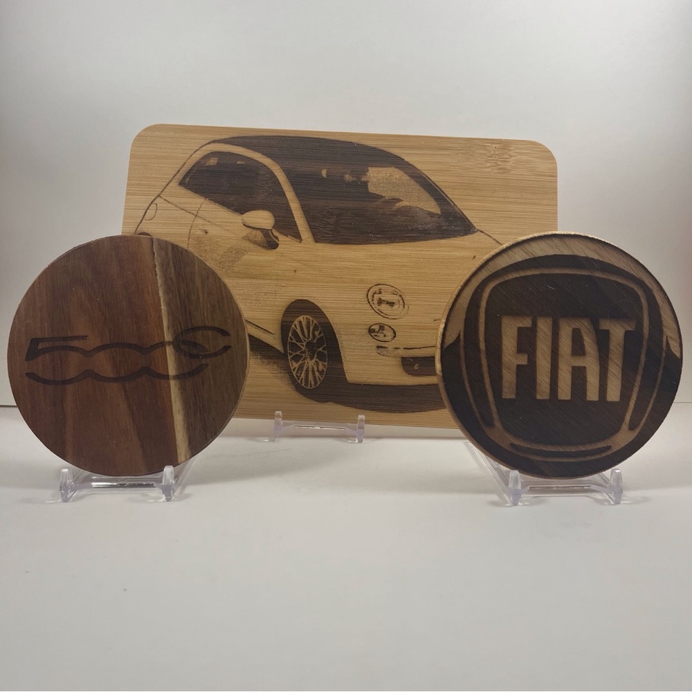 Handcrafted Fiat 500c Laser Engraved Bamboo Serving Board and Fiat Coasters